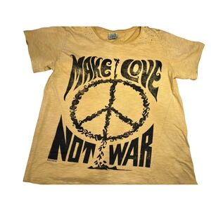 Jaded Gypsy Women's T Shirt Make Love Not War Mustard Yellow Distressed S/M